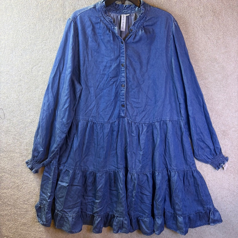 Grace + Karma Tiered Boho Dress Womens‎ Large Blue Denim Ruffle Neck Long Sleeve